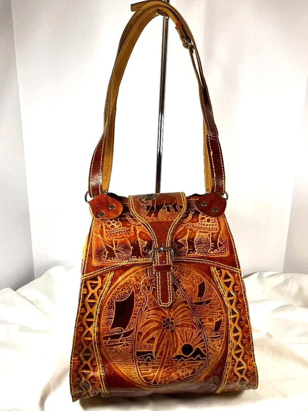 Hand Tooled Indian Leather Tote | Embossed Wildlife Art | Vintage Boho Bag
